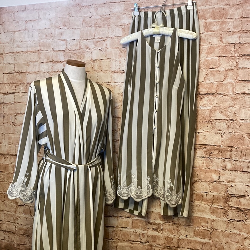 Natori Olive Green and Cream Striped Pajama Set